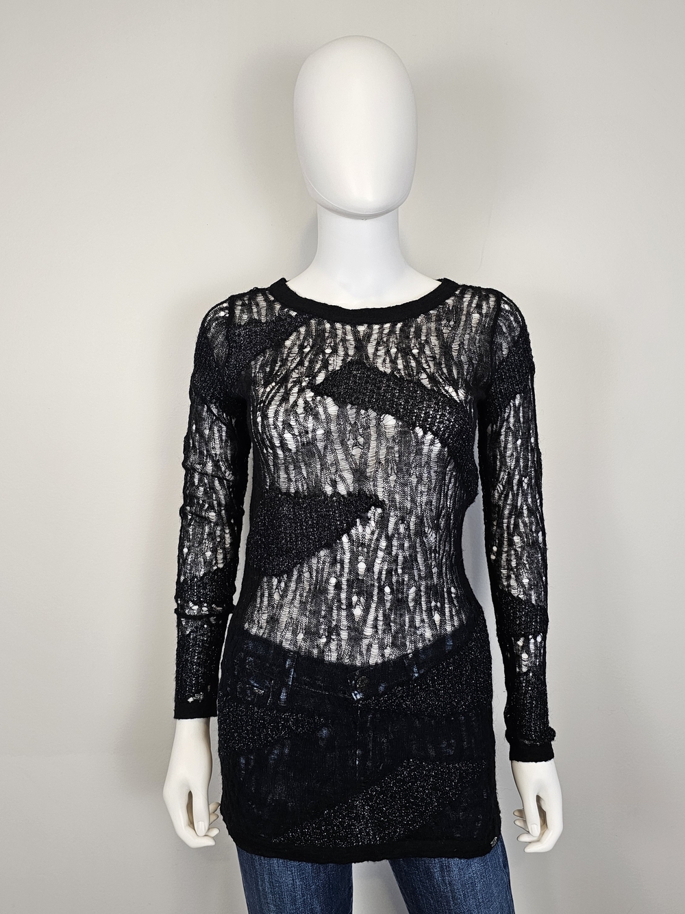 Armani Exchange Black Sheer Open-Knit Long Sleeve Top Sz S